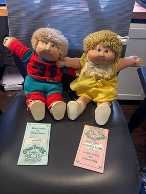 Cabbage Patch Kids Pair – Red/Teal Boy & Yellow Girl Plush Dolls